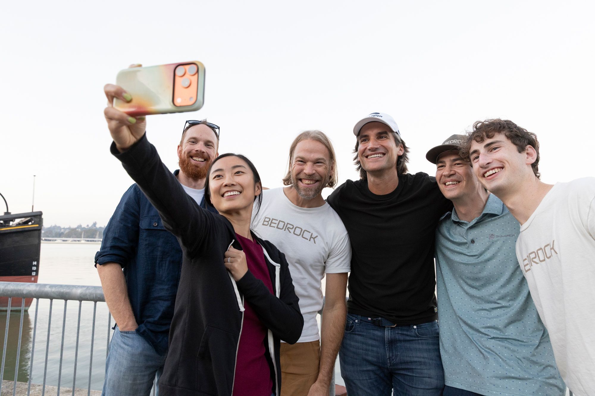 Bedrock teammates taking a selfie by the water